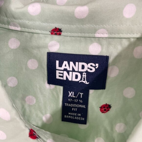 NWOT Lands' End Men's XL Mint Green Polka Dot & Ladybug Short Sleeve Button-Up - Picture 6 of 11